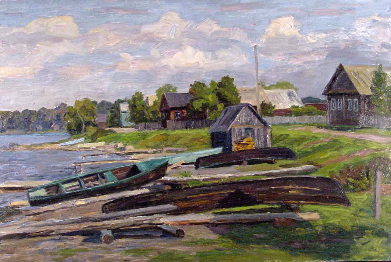 Boats on Lake Bank by Gennady Pasko